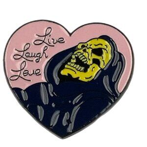 Live Laugh Love Skeleton Heart Enamel Pin Black Metal Skeletor He-Man